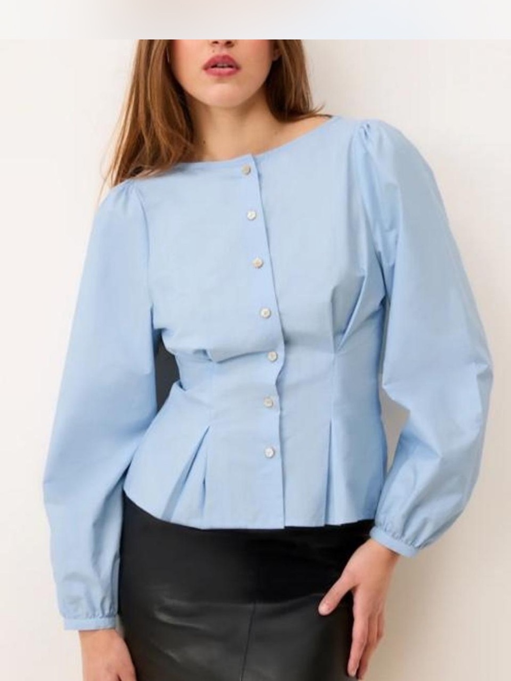Rouje Pale Blue Button-Front Peplum Blouse